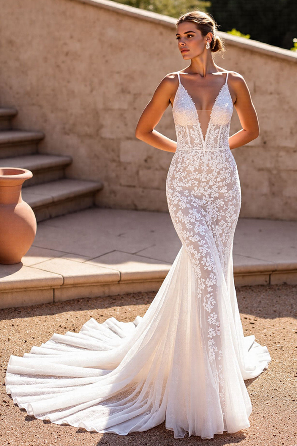 V-Neck Sleeveless Open Back Mermaid Tulle Lace Wedding Dress