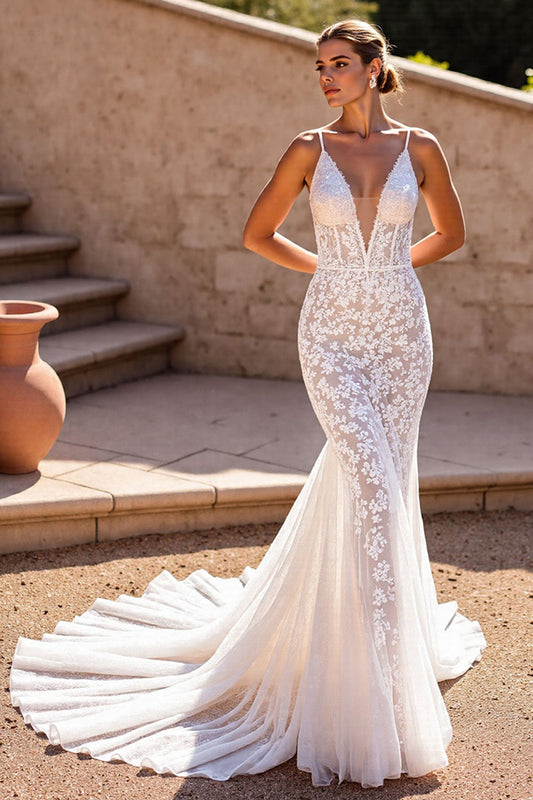 V-Neck Sleeveless Open Back Mermaid Tulle Lace Wedding Dress