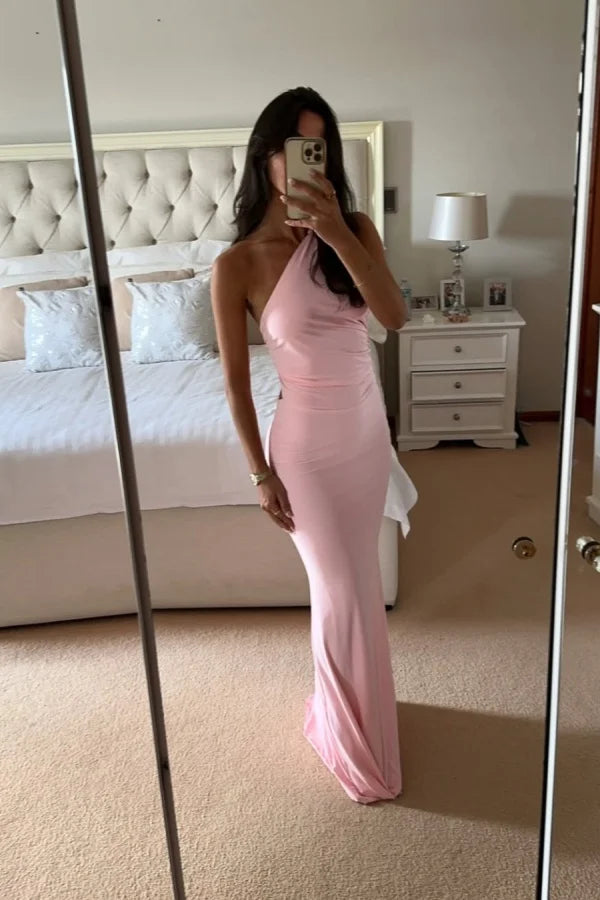 Pink One-Shoulder Slim Fit Prom Dress
