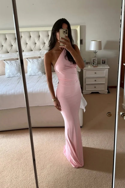 Pink One-Shoulder Slim Fit Prom Dress