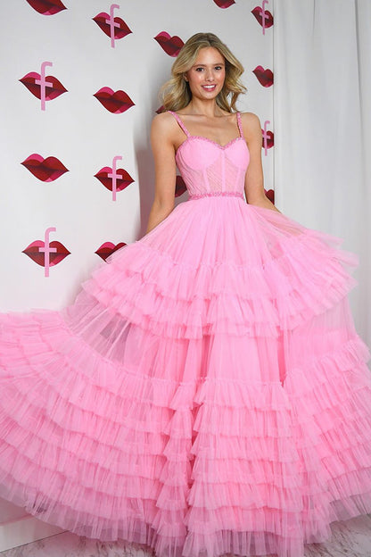 A-Line Sweetheart Pink Ruffle Tiered Tulle Long Prom Dress