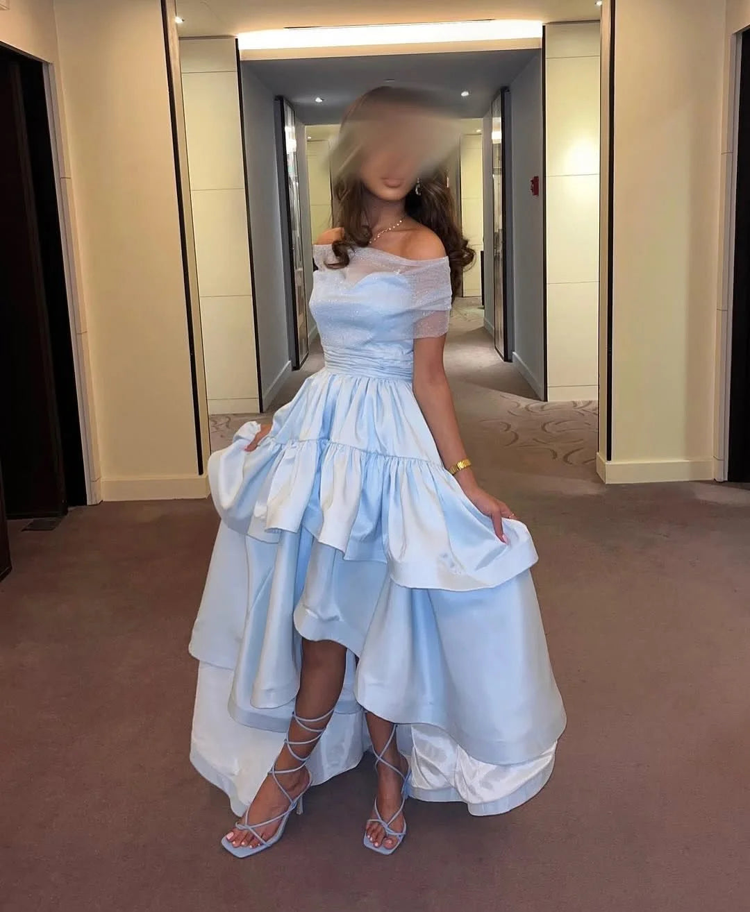Light Blue Off-The-Shoulder Sweetheart Ruffles Prom Dress
