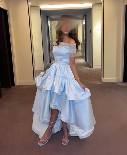 Light Blue Off-The-Shoulder Sweetheart Ruffles Prom Dress