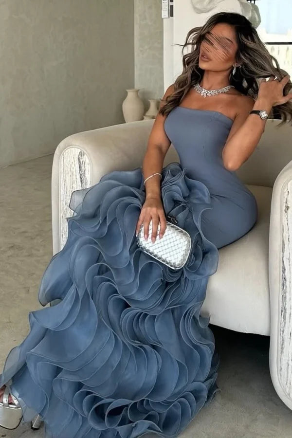 Dusty Blue Strapless Mesh Ruffles Sheath Prom Dress