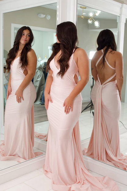 Mermaid V Neck Pink Stretch Satin Long Prom Dress