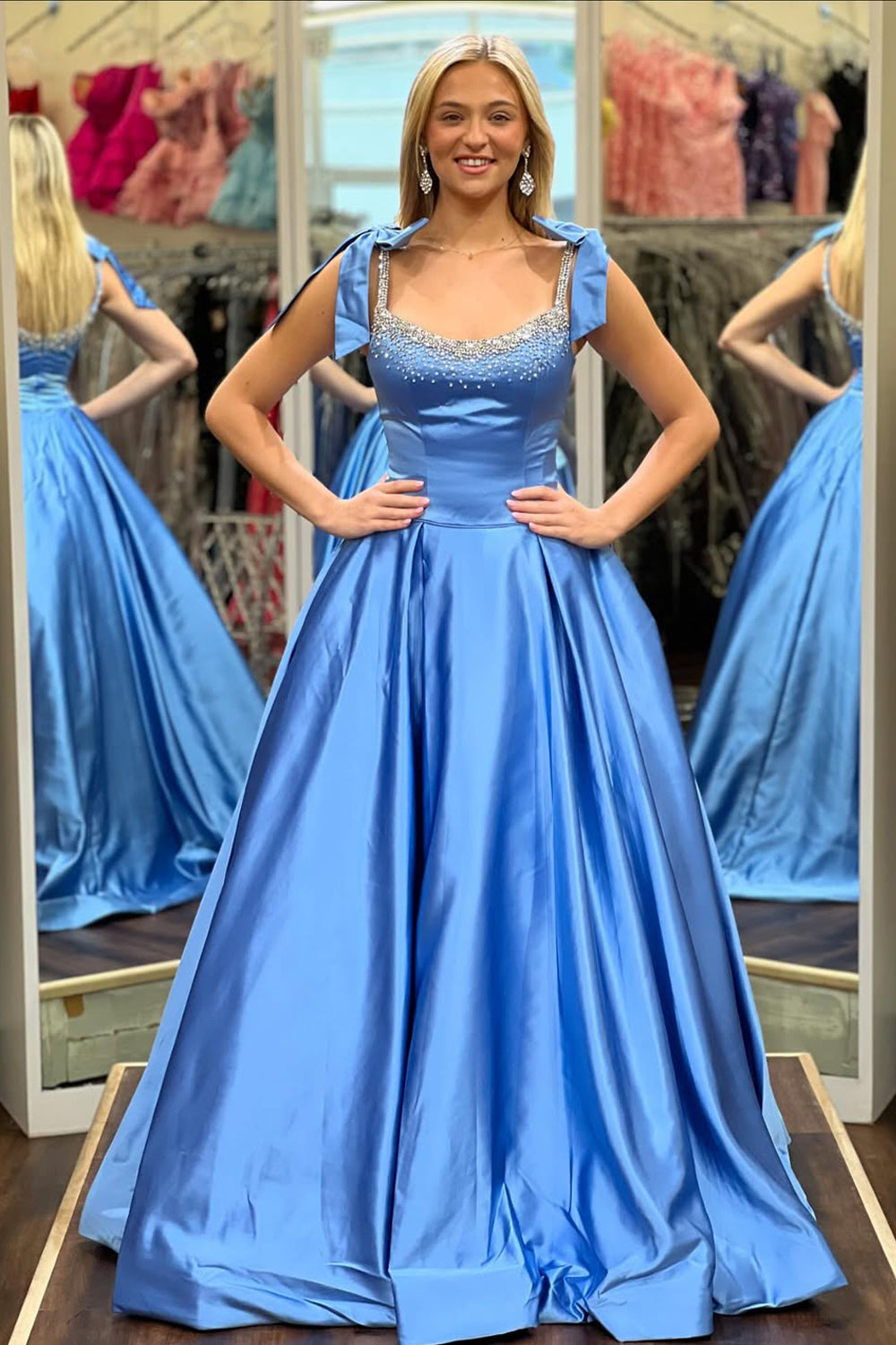 A-Line Square Neck Blue Satin Beaded Long Prom Dress