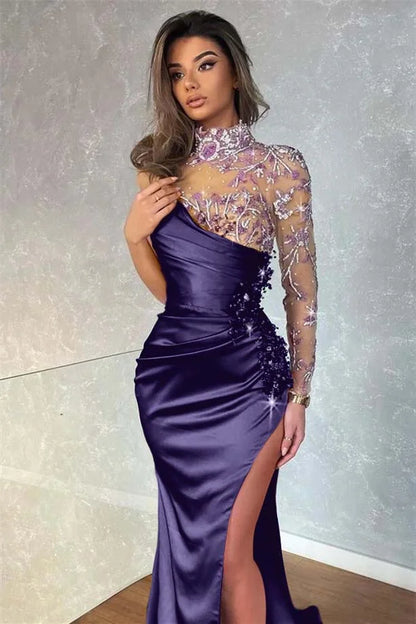 Dark Purple Split Appliques Mermaid High Collar Evening Dress