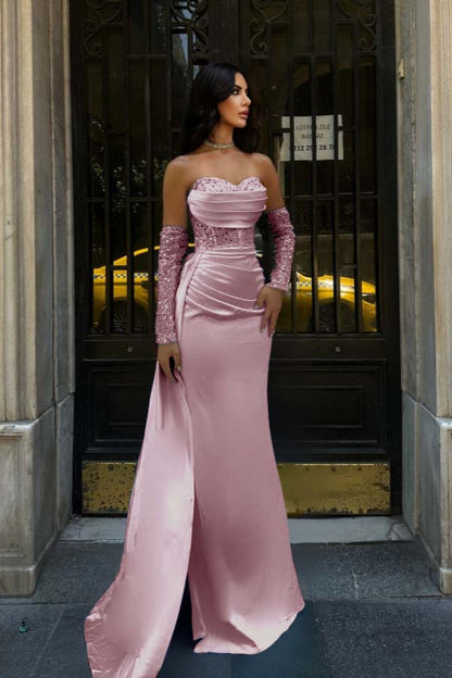 Sweetheart Strapless Sleeveless Long Mermaid Prom Dress With Pleated