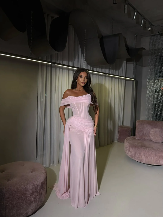 Off-Shoulder Strapless Sleeveless Long Mermaid Prom Dress With Pleated