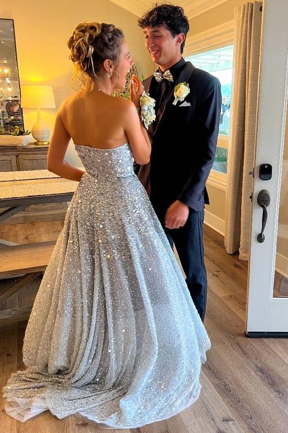 Sparkly A-Line Empire-Waist Strapless Sleeveless Long Prom Dress