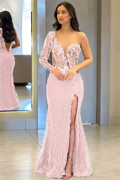 One Shoulder One Long Sleeve Backless Mermaid Split Prom Dress