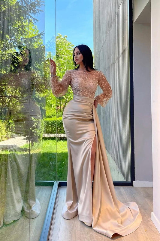 Jewel Neck Long Sleeves Mermaid Split Long Prom Dress With Beading