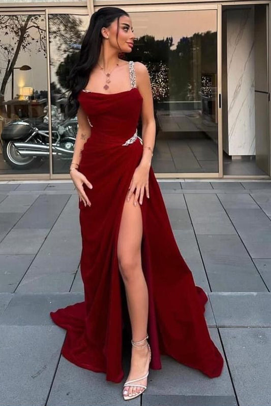 Sexy Mermaid Straps Red Satin With Slit Beads