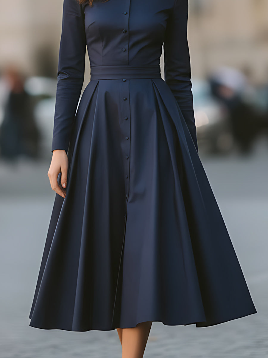 Midnight Navy Button-Down Midi Dress With Structured Silhouette