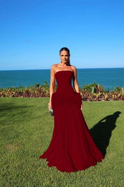 Chiffon Strapless Sleeveless Long A-Line Prom Dress With Pleated And Feathers