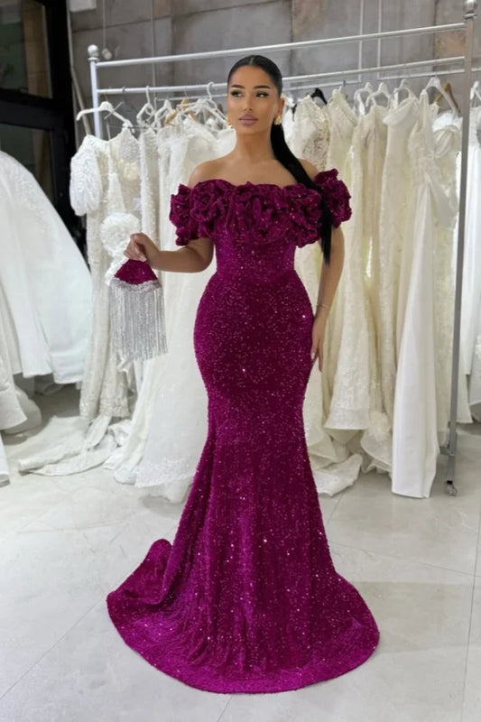 Orchid Off-The-Shoulder Velvet Sequins Mermaid Prom Dress