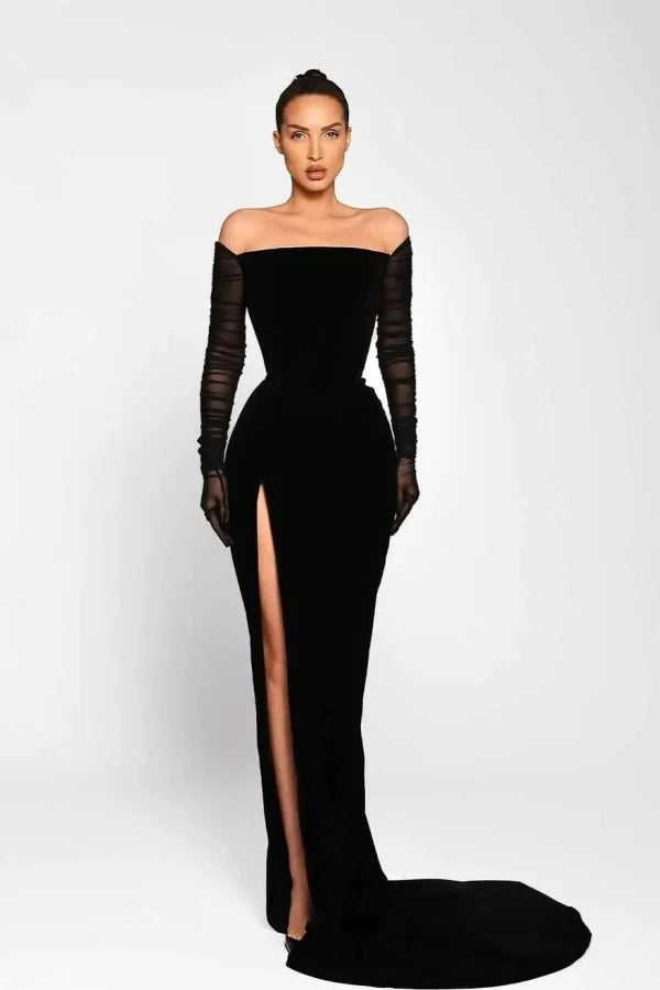 Black Long Sleeves Split Strapless Evening Dress ZT0409
