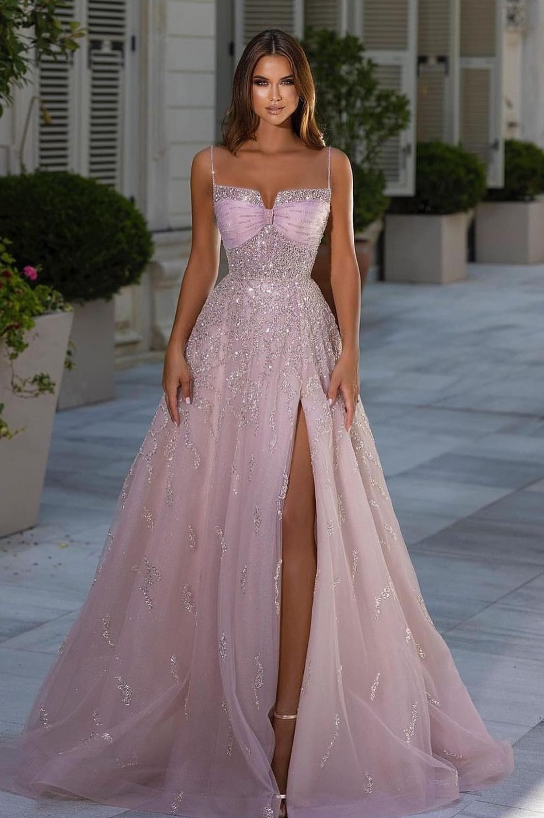 Shiny Pink Spaghetti Strap Sleeveless A Line Prom Dress Split With Appliques