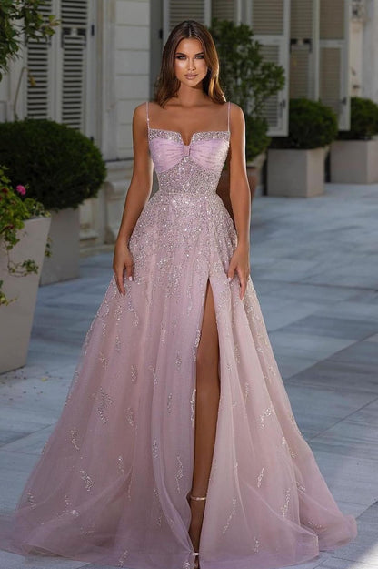 Shiny Pink Spaghetti Strap Sleeveless A Line Prom Dress Split With Appliques