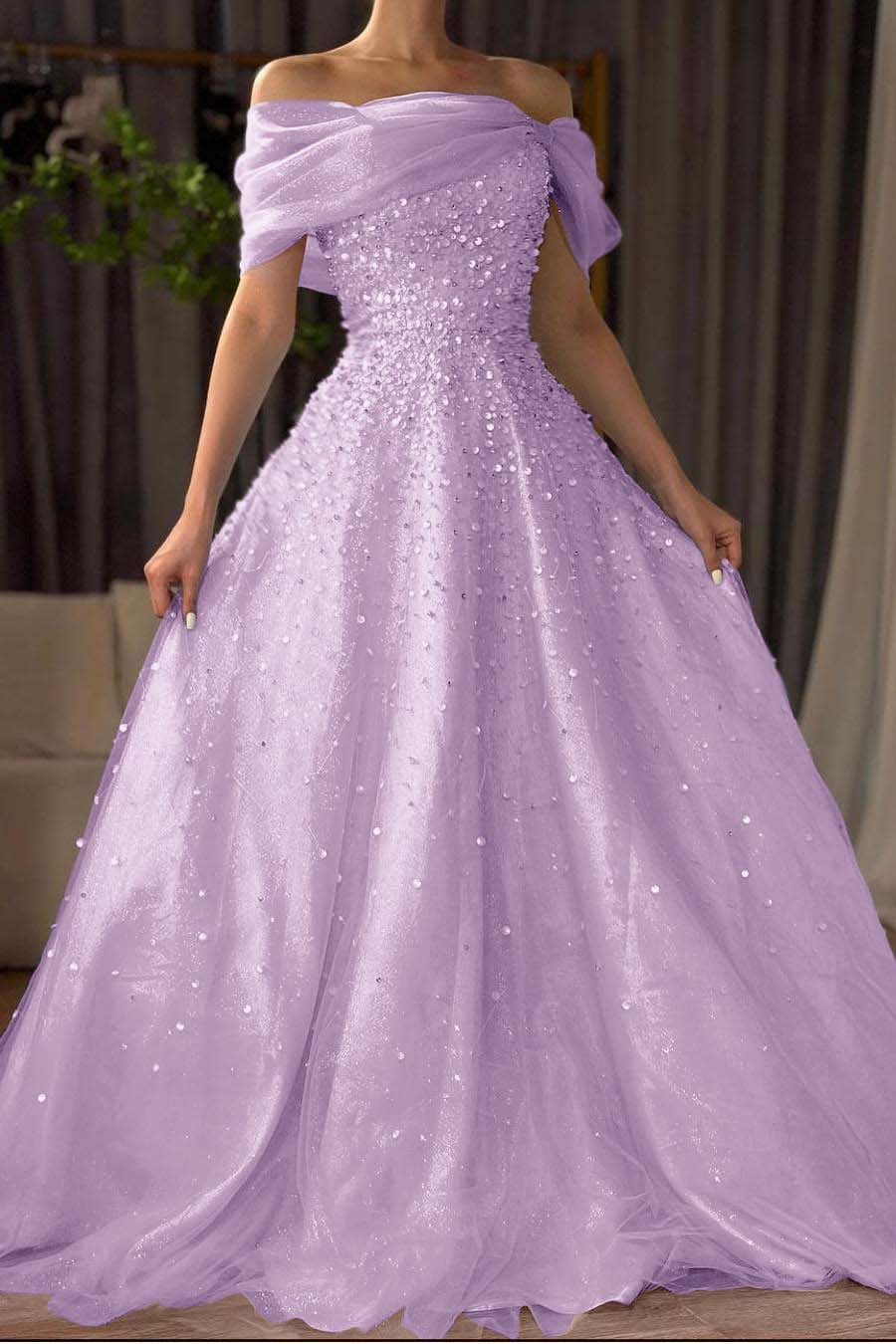 Off the Shoulder Sleeveless Long Prom Dress With Beading Tulle