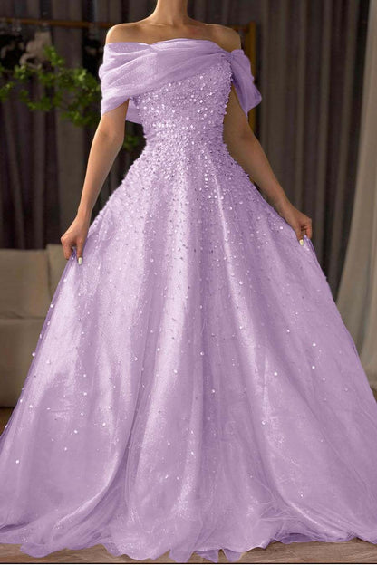 Off the Shoulder Sleeveless Long Prom Dress With Beading Tulle