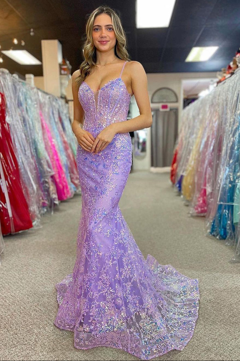 Charming Mermaid Lilac V Neck Sequins Long Prom Dress