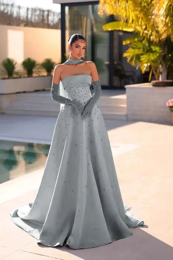 Light Blue Strapless A-Line Beaded Rhinestones Prom Dress With Gloves And Scarf