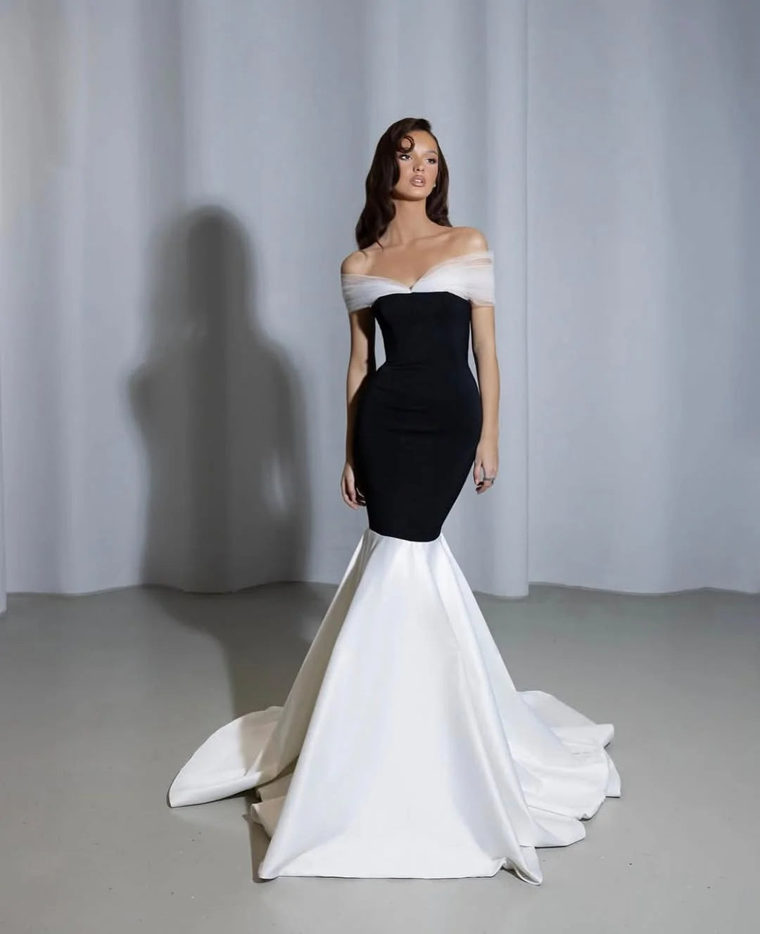 Black White Mermaid Off-The-Shoulder Prom Dress