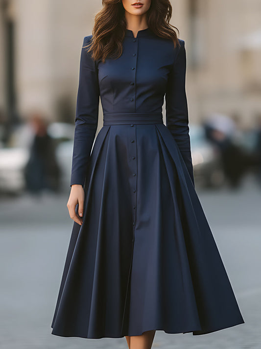Midnight Navy Button-Down Midi Dress With Structured Silhouette