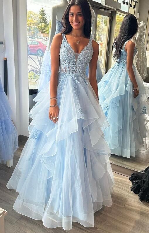 Unique Ball Gown V Neckline Light Sky Blue Tulle Lace Prom Dress