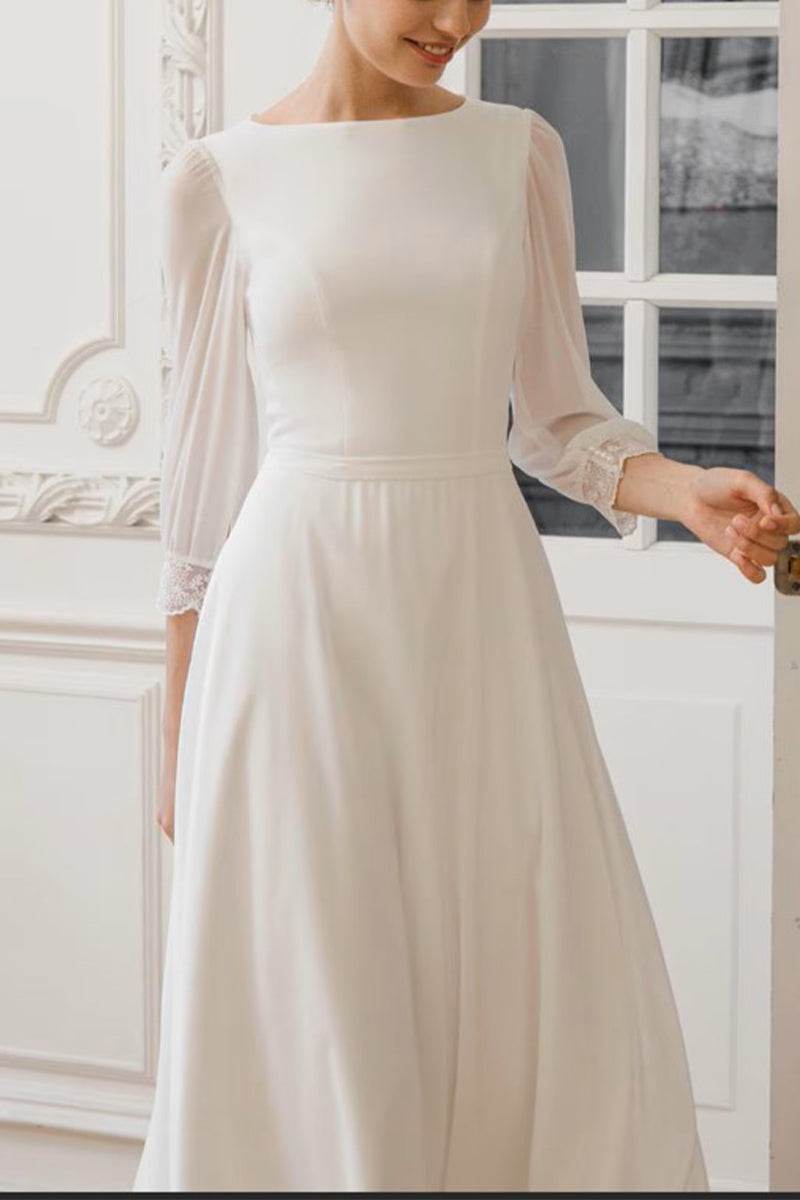 A-Line Tea Length Lace Chiffon Little White Dress