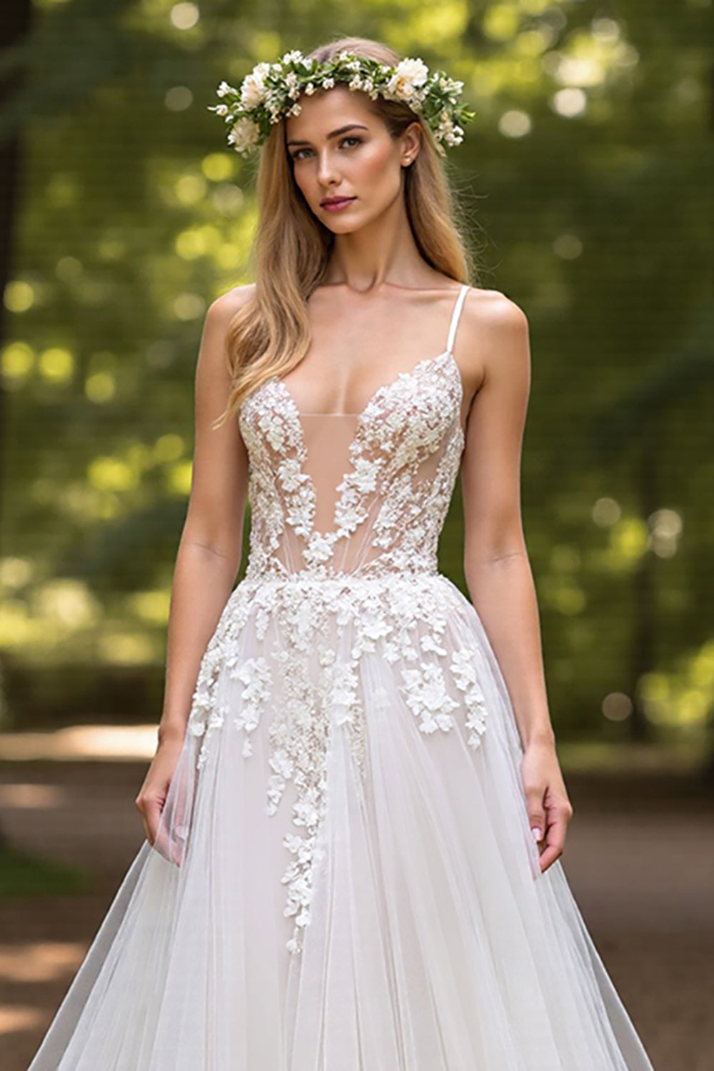 V-Neck Spaghetti-Straps Sleeveless Tulle Wedding Gowns