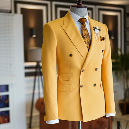 Popular Yellow Double Breasted Bepoke Party Evening Suits With Peaked Lapel Party
