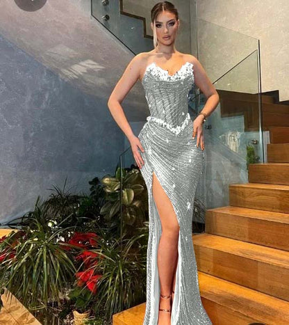 Sweetheart Strapless Sleeveless High Split Prom Dress