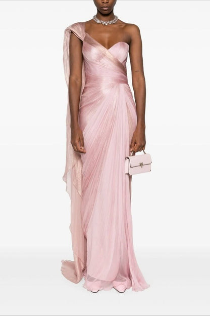 Asymmetric Neck One Shoulder Sleeveless Long Pleated Mermaid Prom Dress With Ruffles