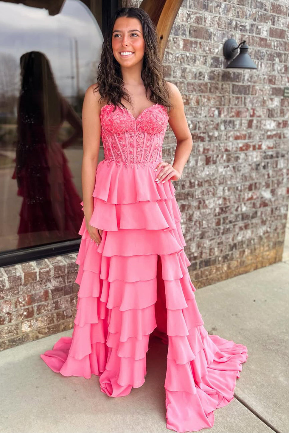 Cute A-Line Sweetheart Pink Ruffle Tiered Long Prom Dress