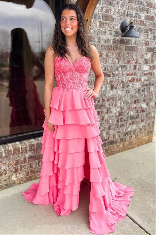 Cute A-Line Sweetheart Pink Ruffle Tiered Long Prom Dress