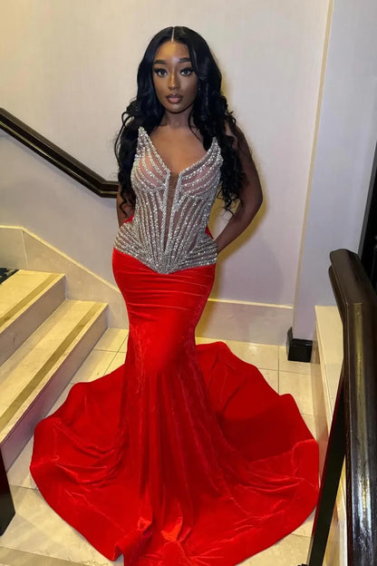 Modern Red V-Neck Sleeveless Prom Dress