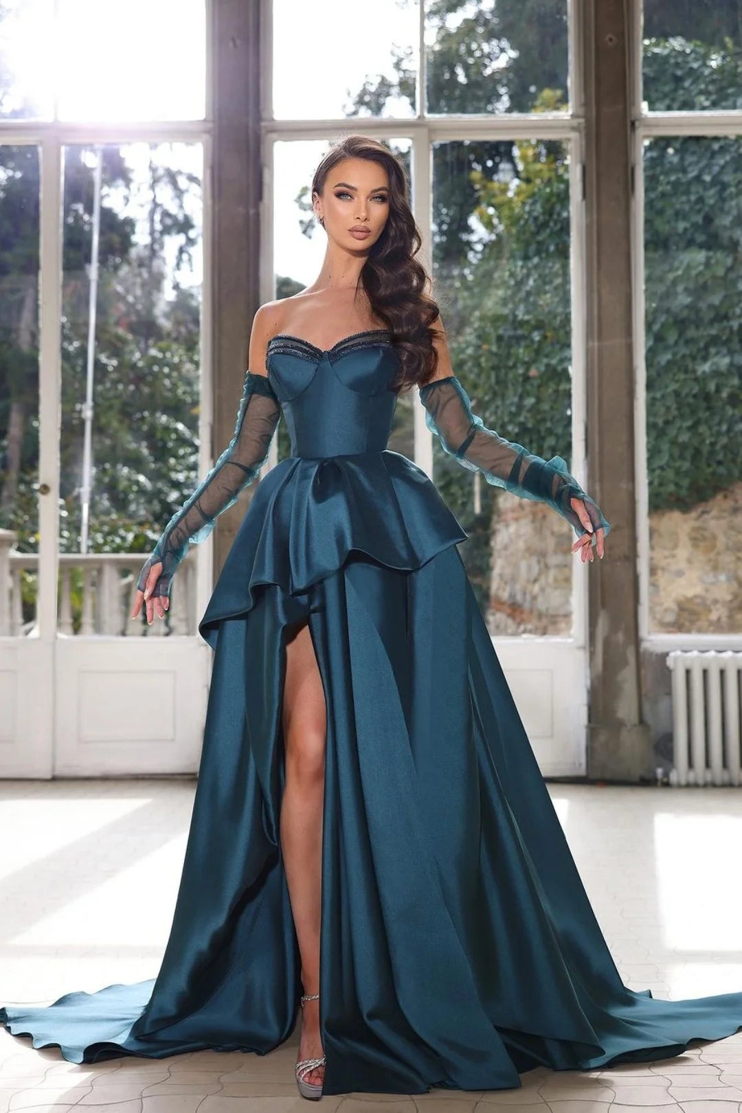 Glamorous Half Sleeves Ink Blue Prom Dress Strapless with Slit