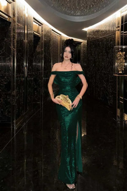 Champagne Solid Sequins Split Prom Dress