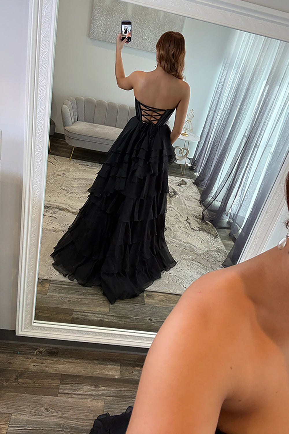 Classic Ball Gown Strapless Black Chiffon Ruffle Tiered Prom Dresses with Slit