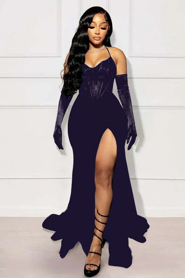 Black Mermaid Split Prom Dress With Long Gloves