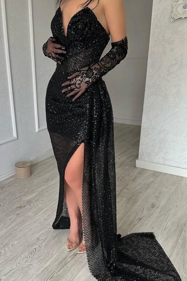 Black Strapless Split Evening Dress with Lace Gloves