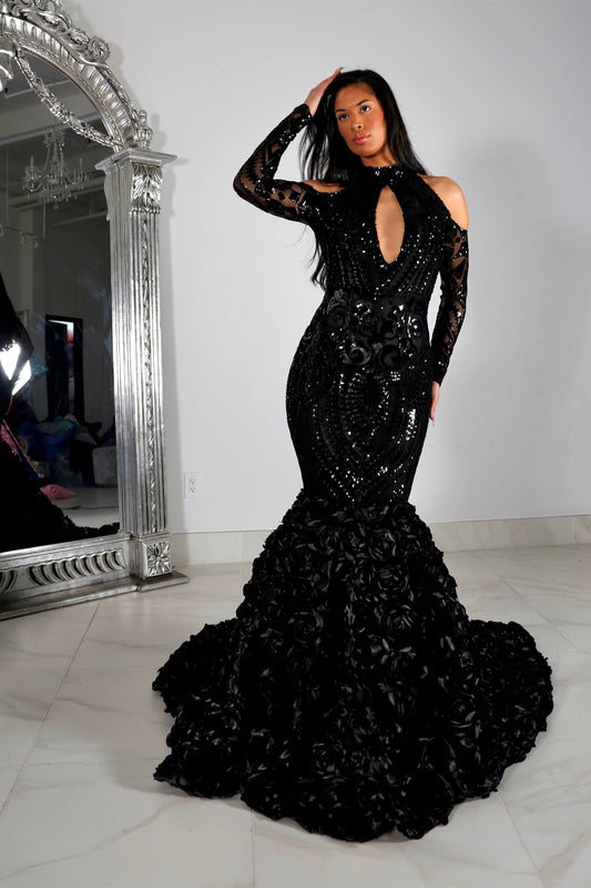 Black High-Neck Prom Dress Mermaid Long Sleeves Appliques with Flowers