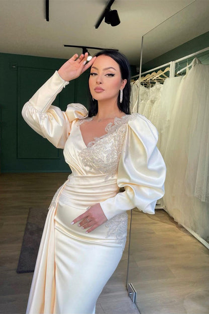 Long Puff Sleeves Pleated Mermaid Split Prom Dress