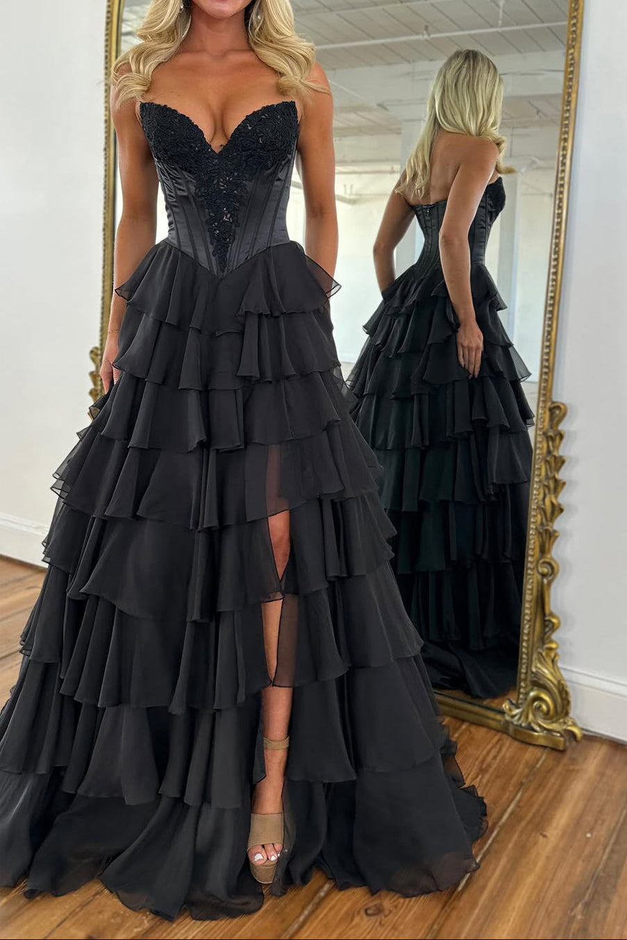 Black A-Line Strapless Chiffon Tiered Prom Dress