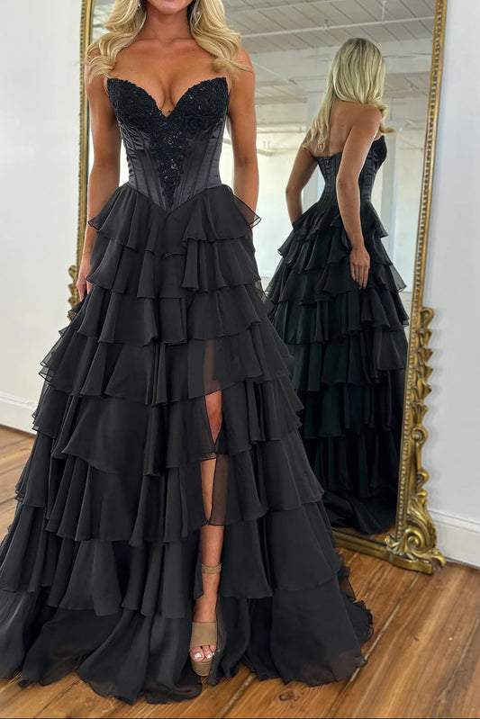 Black A-Line Strapless Chiffon Tiered Prom Dress