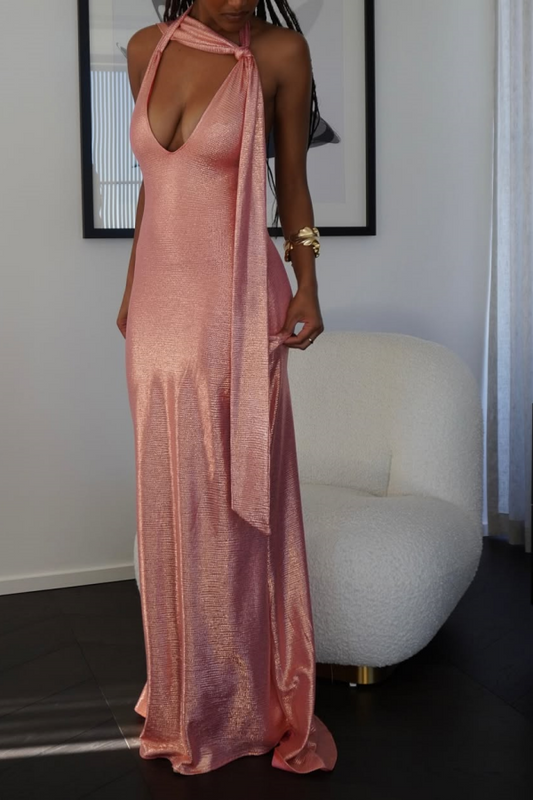 Pearl Pink Halter V-neck Sheath Shining Prom Dress ZT0665