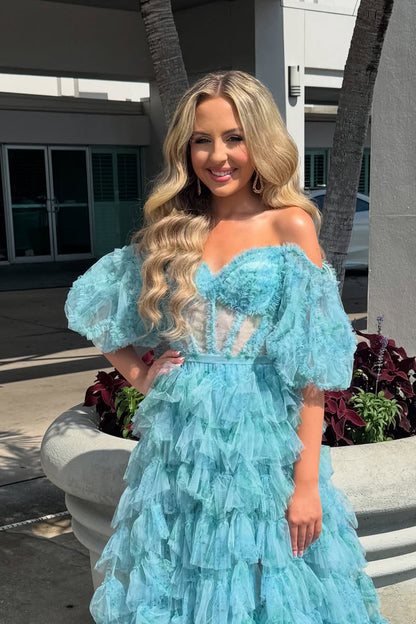 Cute A Line Sweetheart Off the Shoulder Tiered Tulle Long Prom Dress