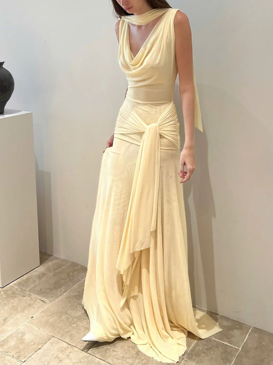 Elegant Mermaid V Neck Yellow Pleated Ruched With Scarf